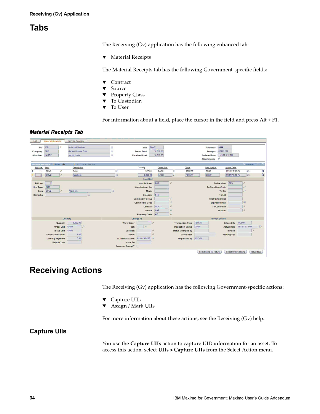 IBM SC23-8765-00 manual Receiving Actions, Material Receipts Tab 