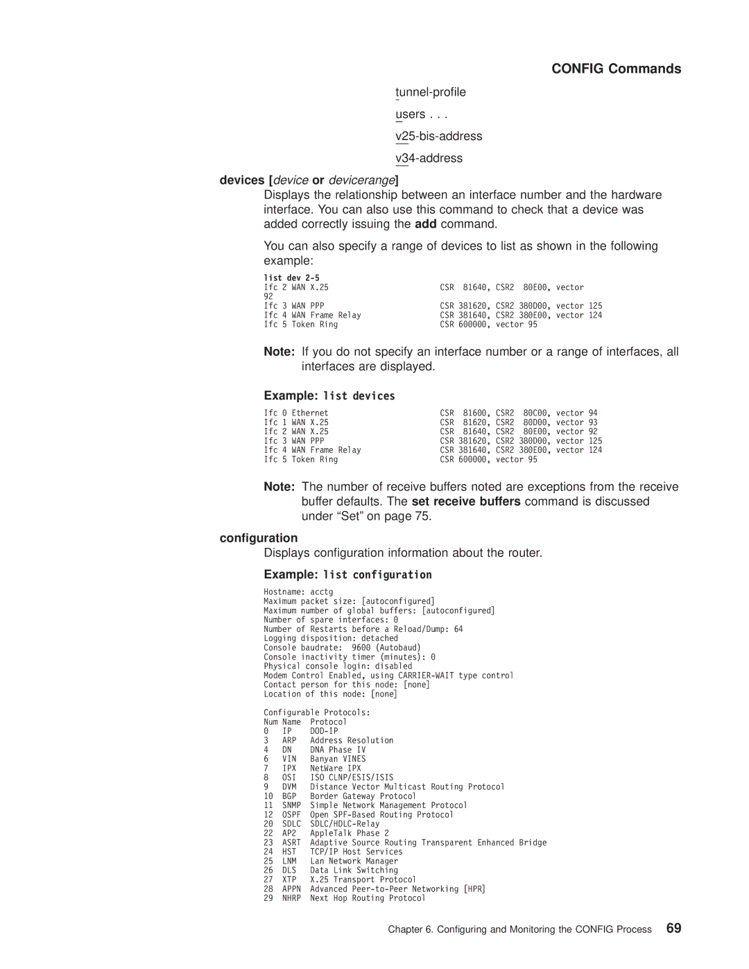 IBM SC30-3681-08 Tunnel-prole Users V25-bis-address V34-address, Devices device or devicerange, Conguration, List dev 