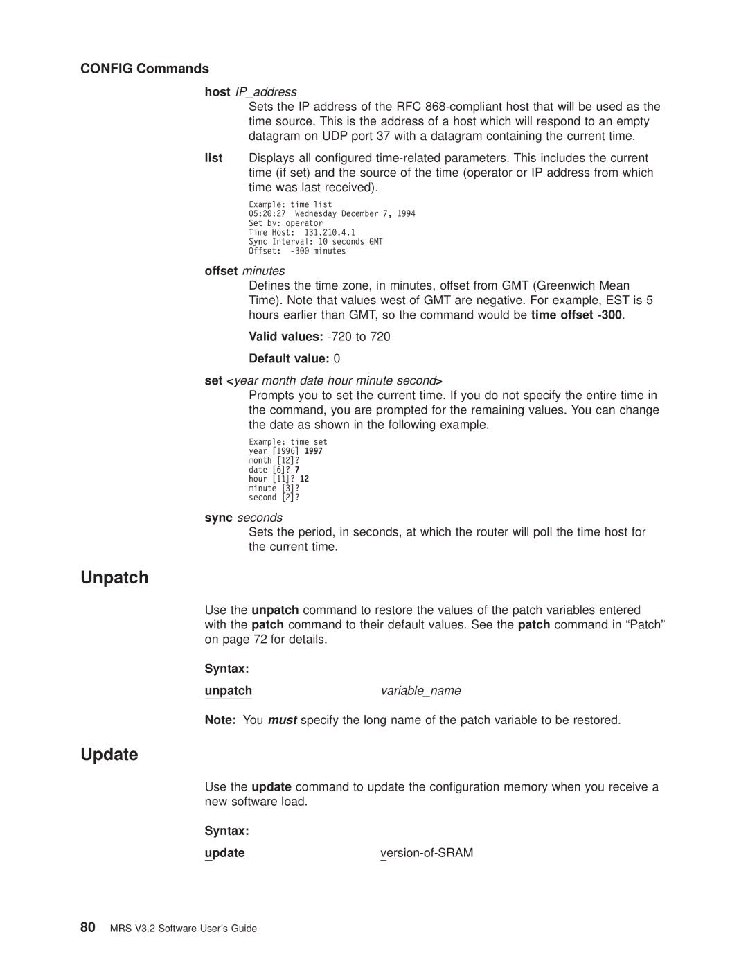 IBM SC30-3681-08 manual Unpatch, Update, Offset minutes, Valid values -720 to Default value 