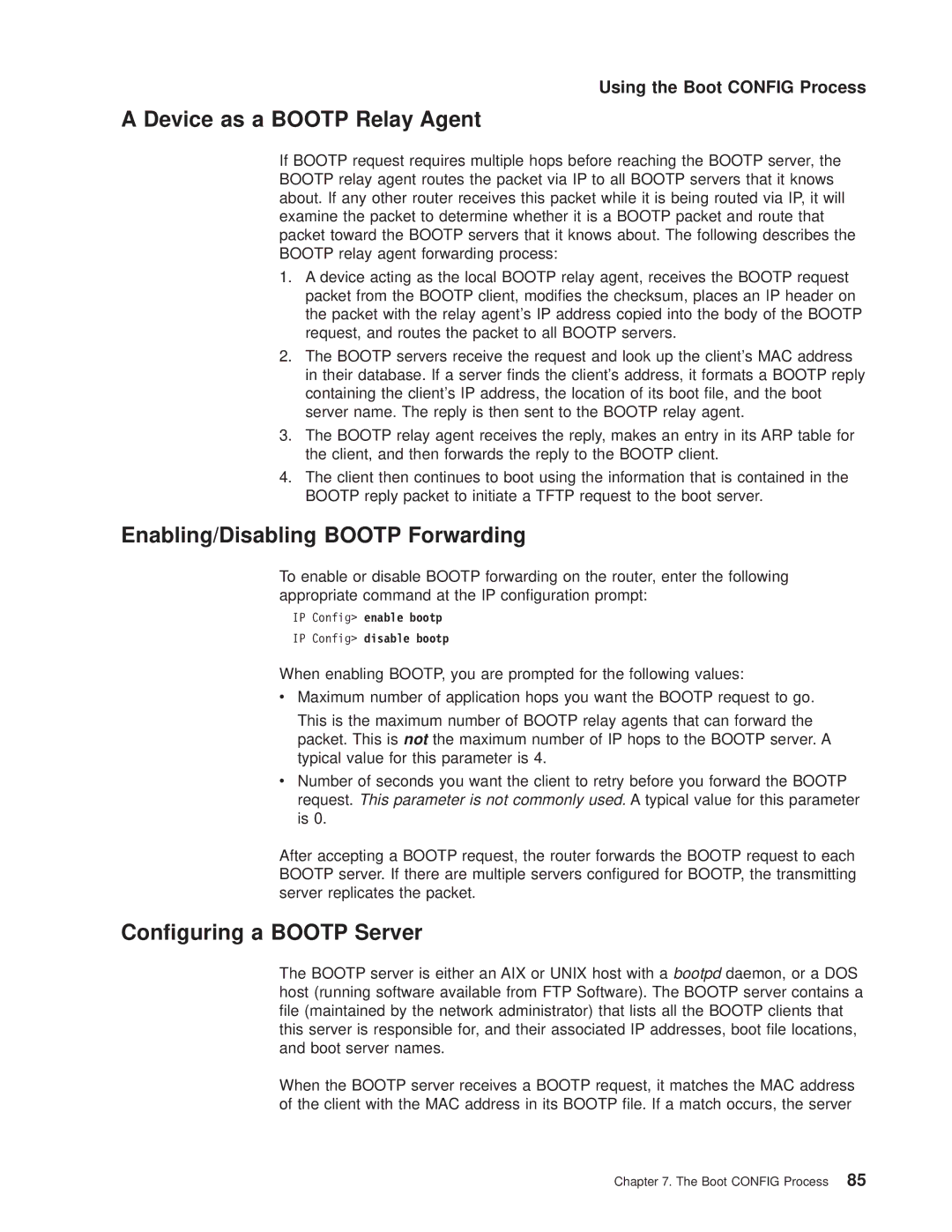 IBM SC30-3681-08 manual Device as a Bootp Relay Agent, Enabling/Disabling Bootp Forwarding, Conguring a Bootp Server 