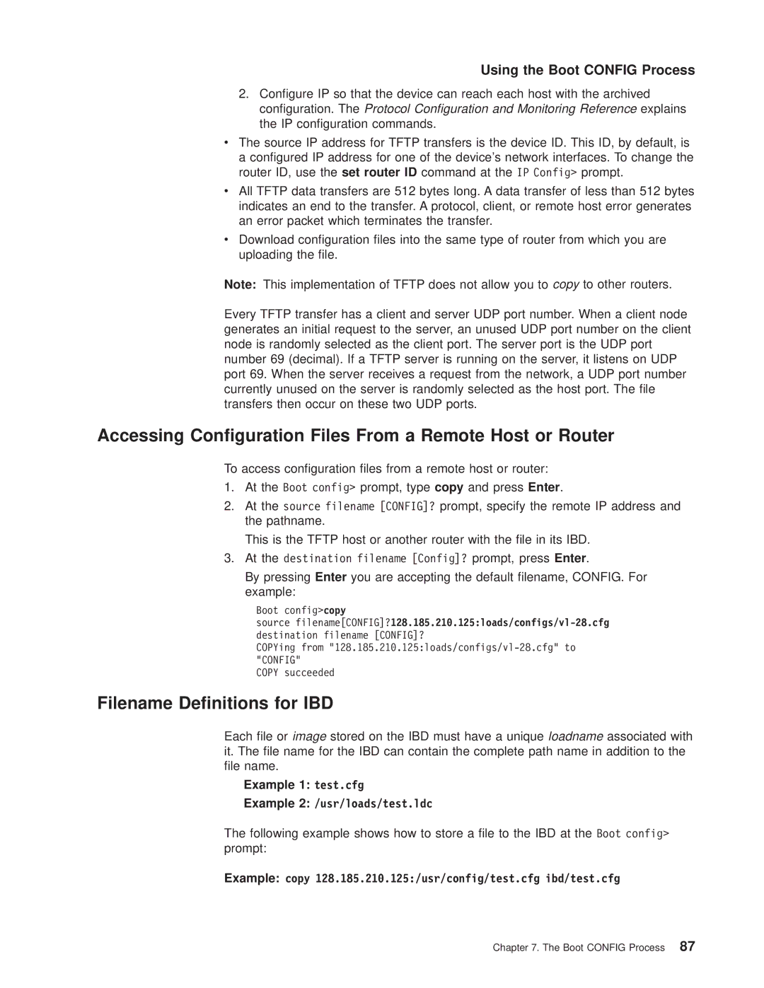 IBM SC30-3681-08 Accessing Conguration Files From a Remote Host or Router, Filename Denitions for IBD, Example 1 test.cfg 