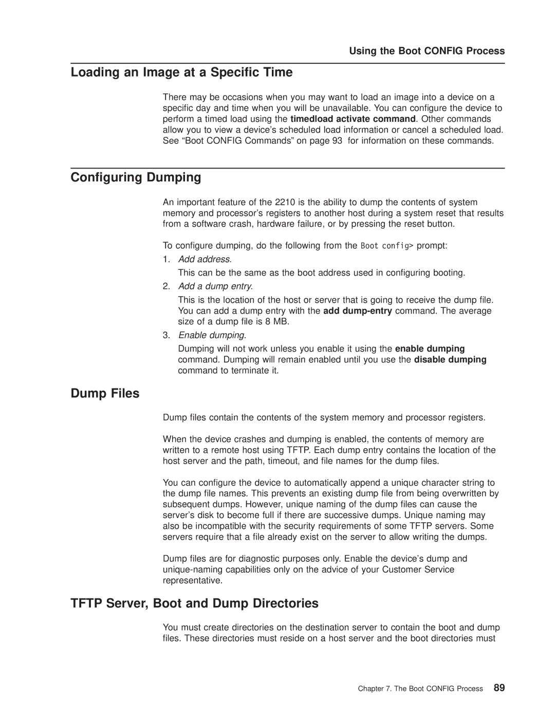 IBM SC30-3681-08 Loading an Image at a Specic Time, Conguring Dumping, Dump Files, Tftp Server, Boot and Dump Directories 