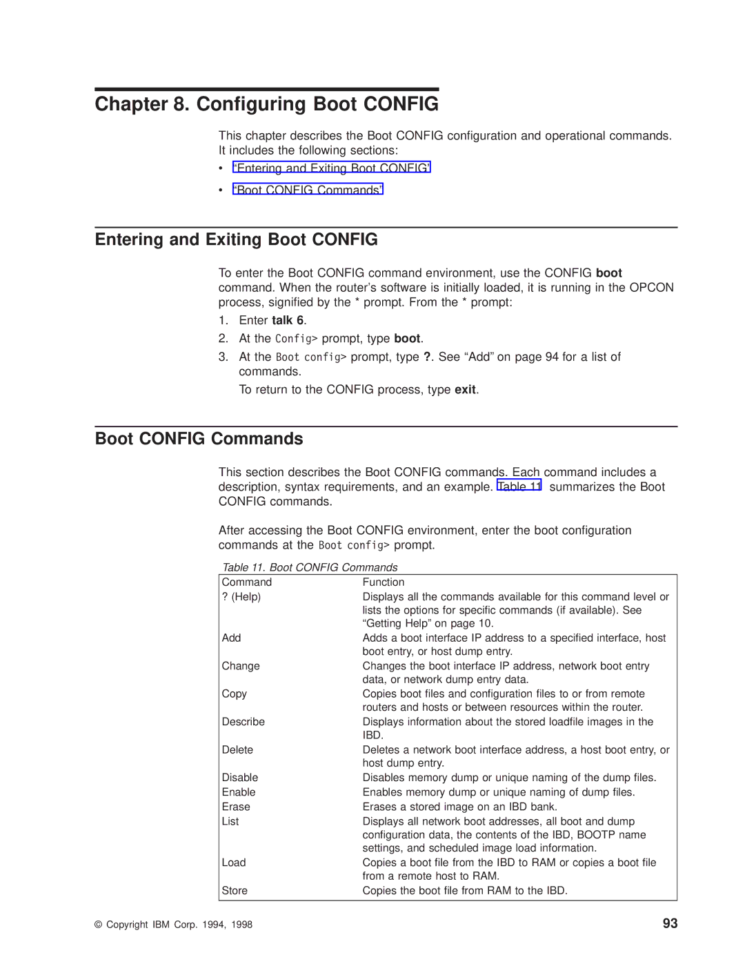 IBM SC30-3681-08 manual Conguring Boot Config, Entering and Exiting Boot Config, Boot Config Commands 