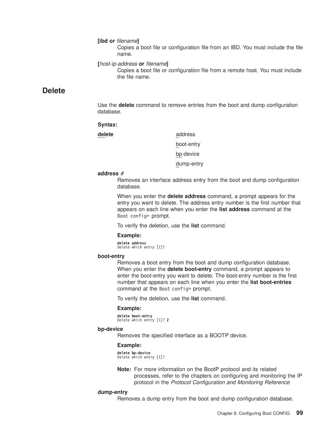 IBM SC30-3681-08 manual Ibd or lename, Address #, Removes the specied interface as a Bootp device 