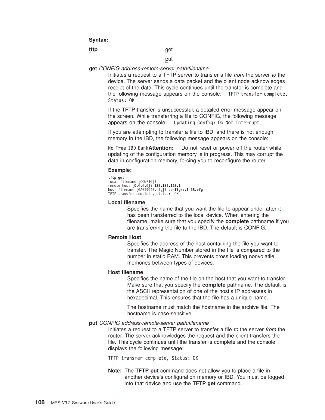 IBM SC30-3681-08 manual Syntax Tftp Get Put, Local lename, Remote Host, Host lename 