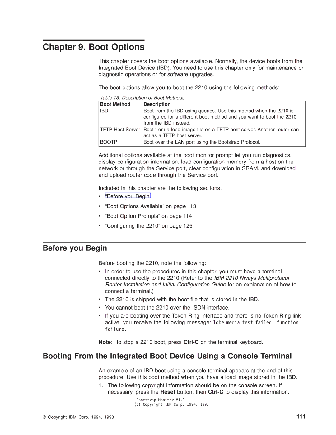 IBM SC30-3681-08 manual Boot Options, 111, Description of Boot Methods, Boot Method Description 