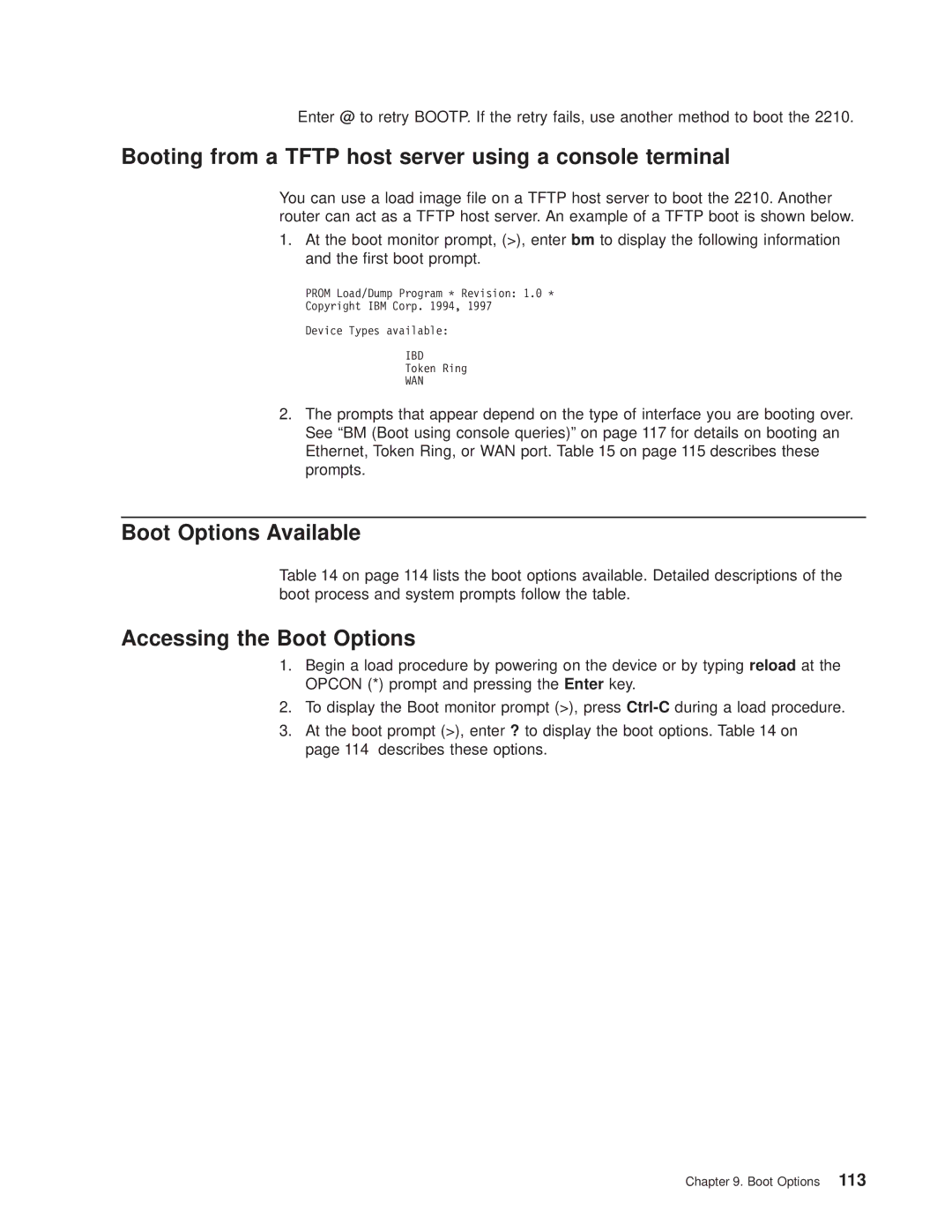 IBM SC30-3681-08 manual Booting from a Tftp host server using a console terminal, Boot Options Available 