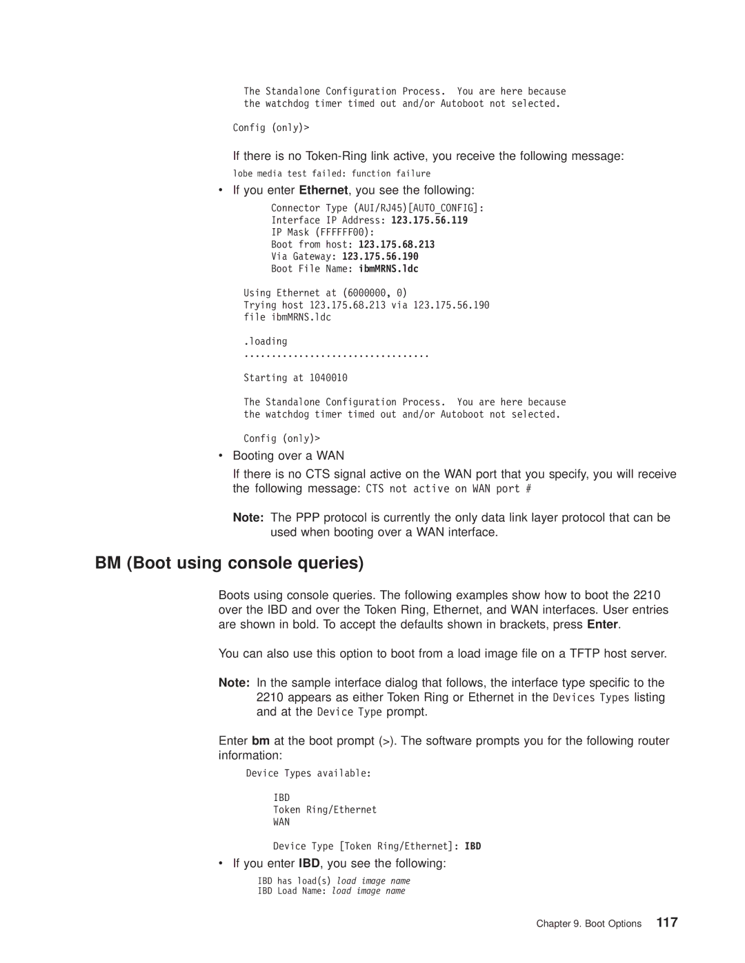 IBM SC30-3681-08 manual BM Boot using console queries, If you enter Ethernet, you see the following 