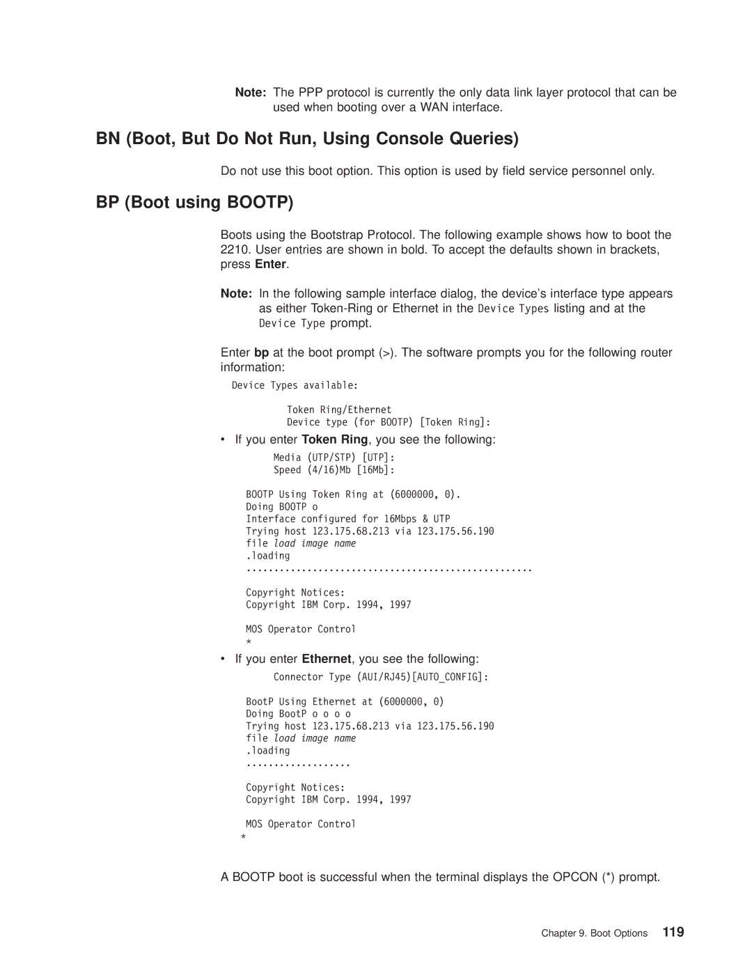 IBM SC30-3681-08 manual BN Boot, But Do Not Run, Using Console Queries, BP Boot using Bootp 