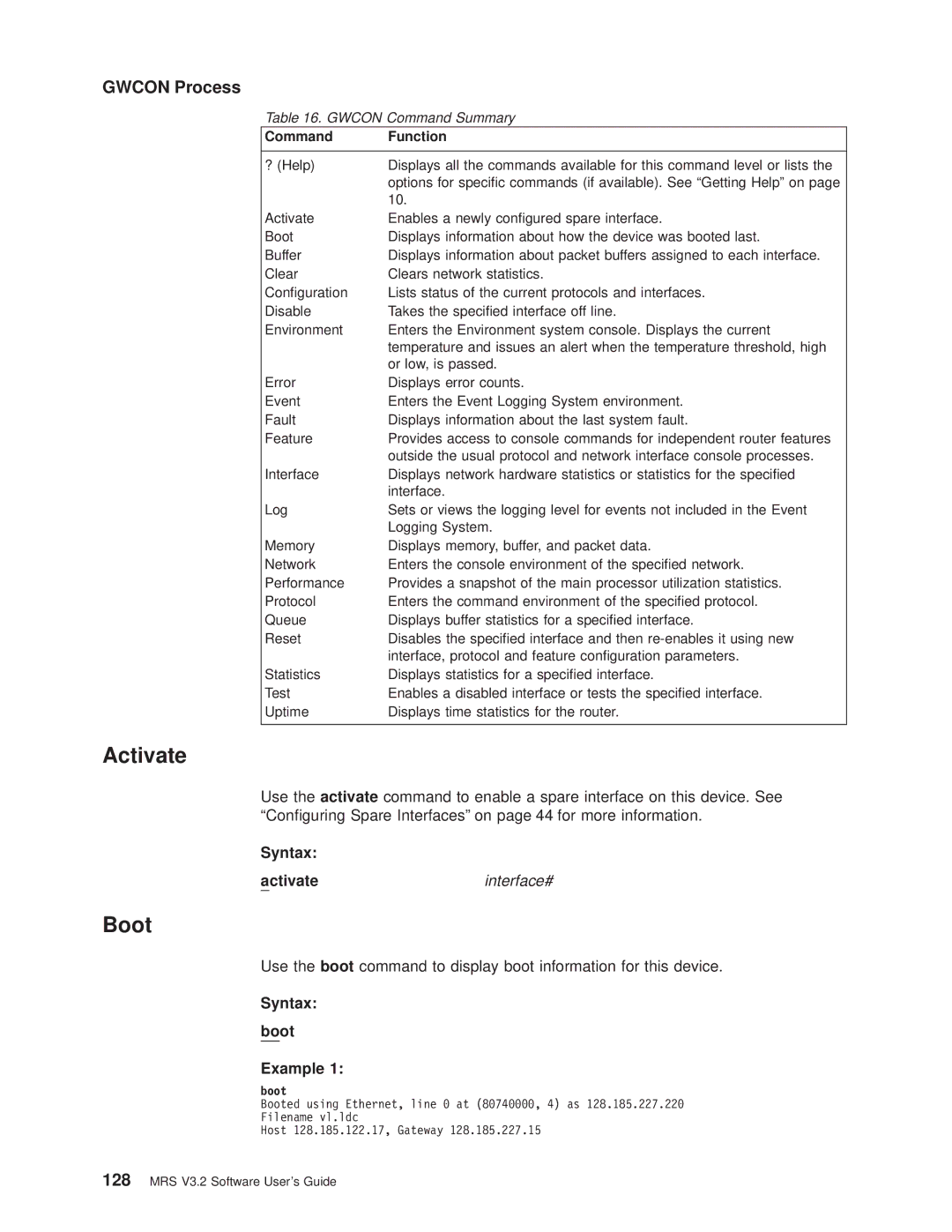 IBM SC30-3681-08 manual Gwcon Process, Activateinterface#, Syntax boot Example, Gwcon Command Summary 