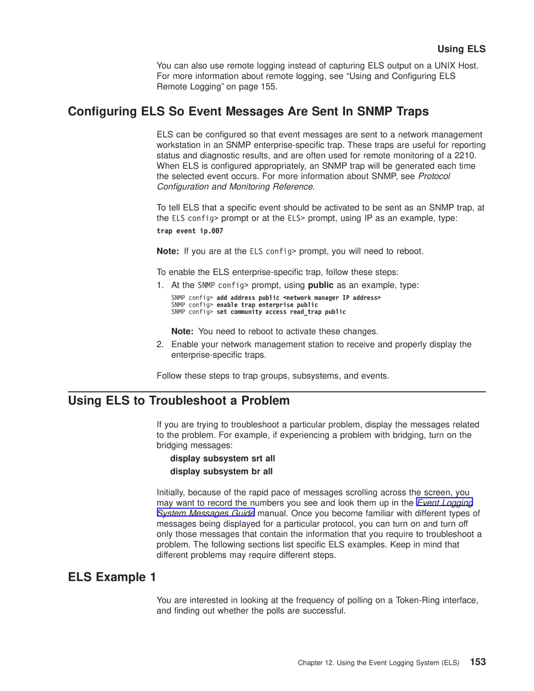 IBM SC30-3681-08 Conguring ELS So Event Messages Are Sent In Snmp Traps, Using ELS to Troubleshoot a Problem, ELS Example 