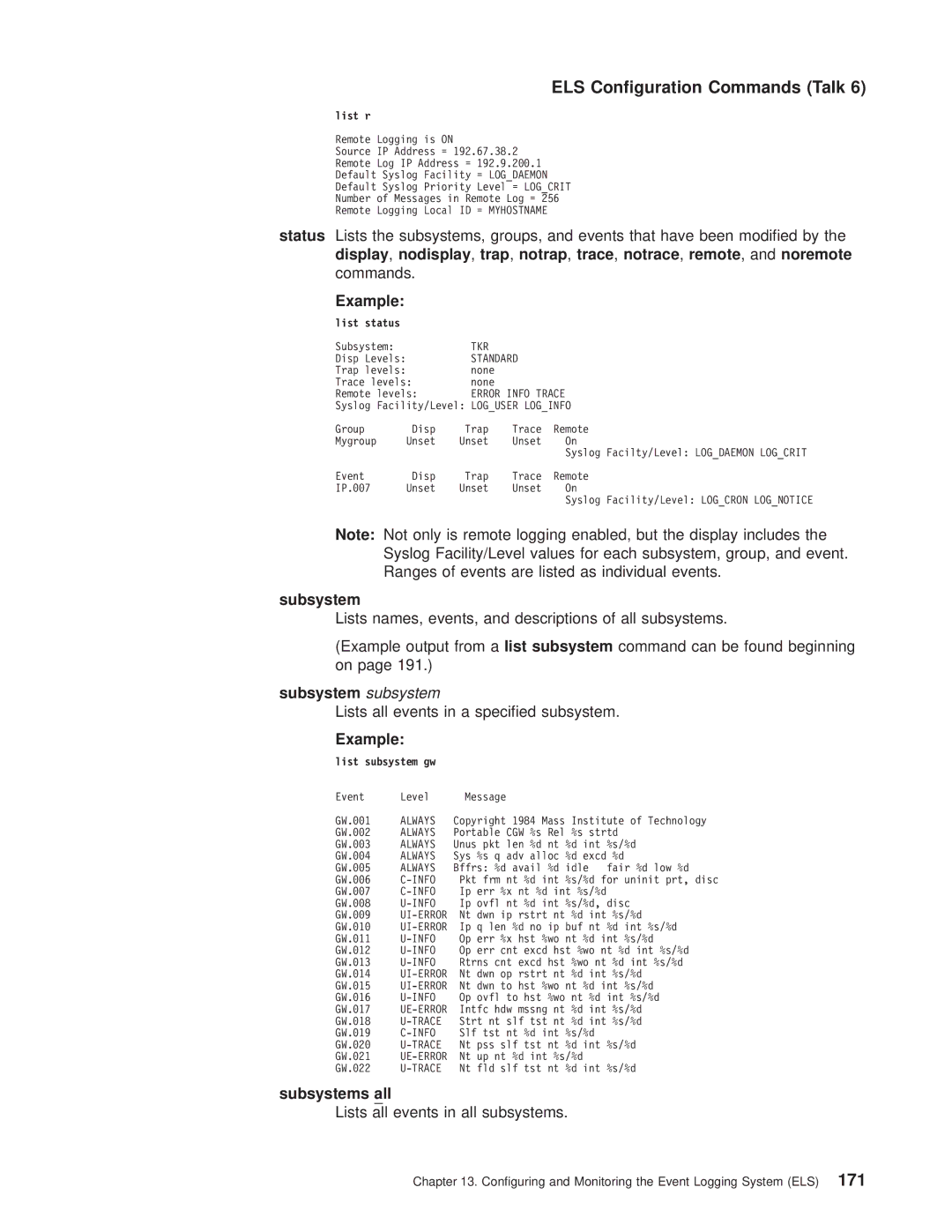 IBM SC30-3681-08 manual Subsystem subsystem, Lists all events in a specied subsystem, Subsystems all 