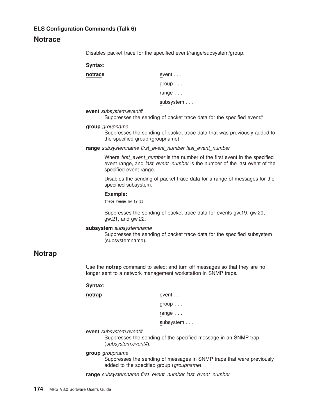 IBM SC30-3681-08 manual Notraceevent Group Range Subsystem, Syntax Notrap, Trace range gw 19 