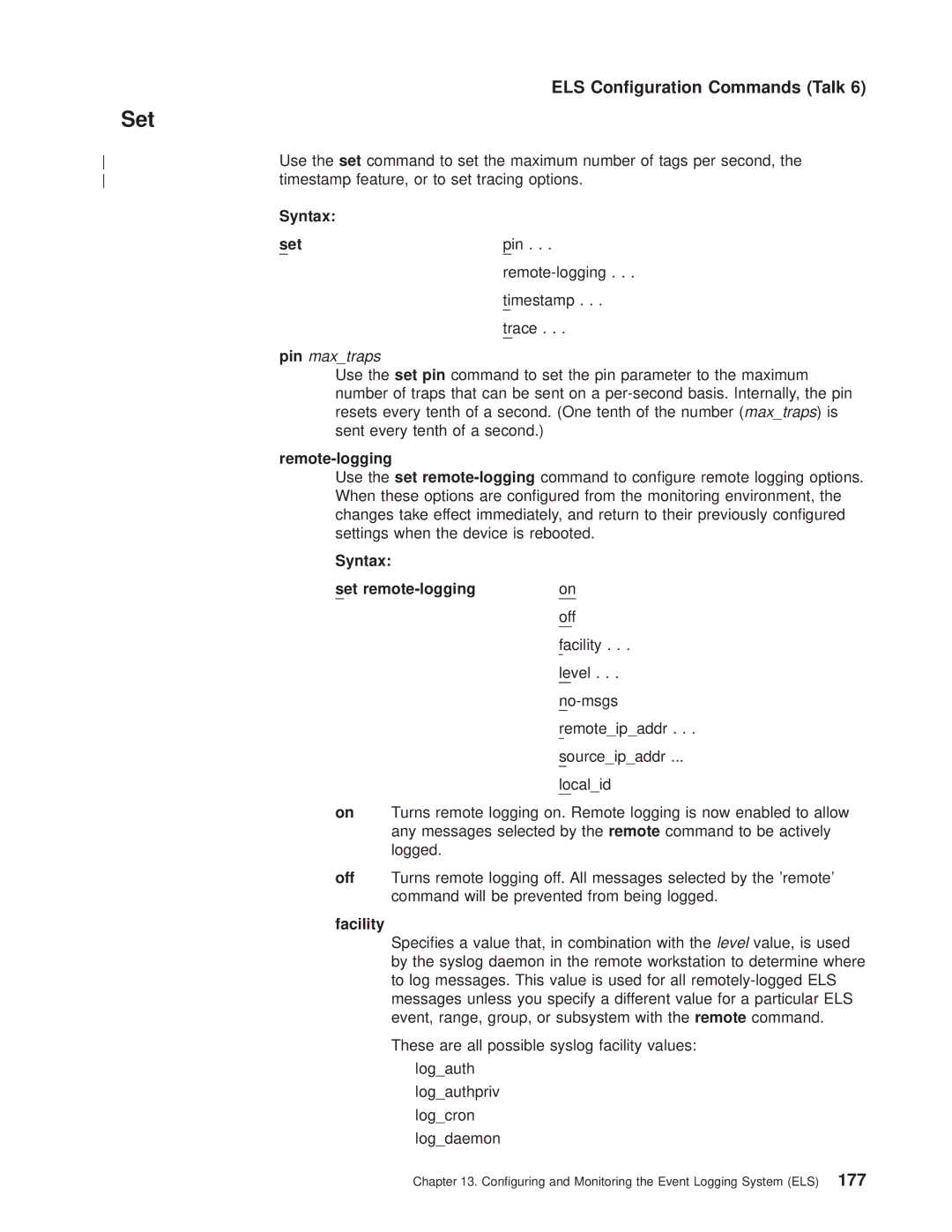 IBM SC30-3681-08 manual Pin maxtraps, Remote-logging, Syntax Set remote-logging, Facility 