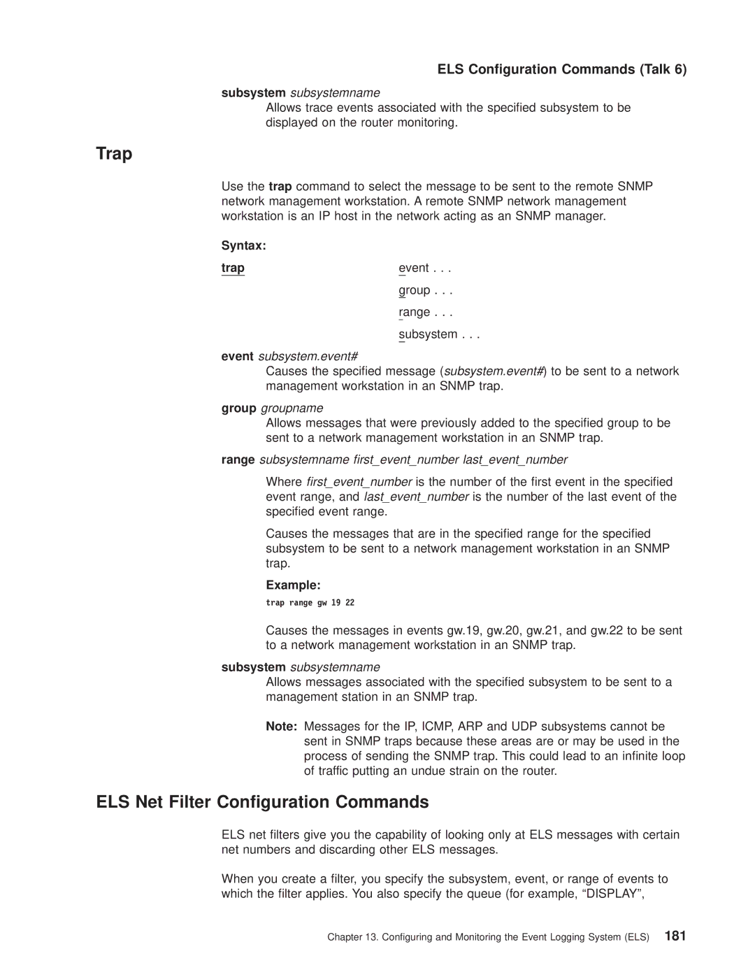 IBM SC30-3681-08 manual ELS Net Filter Conguration Commands, Syntax Trap, Trap range gw 19 