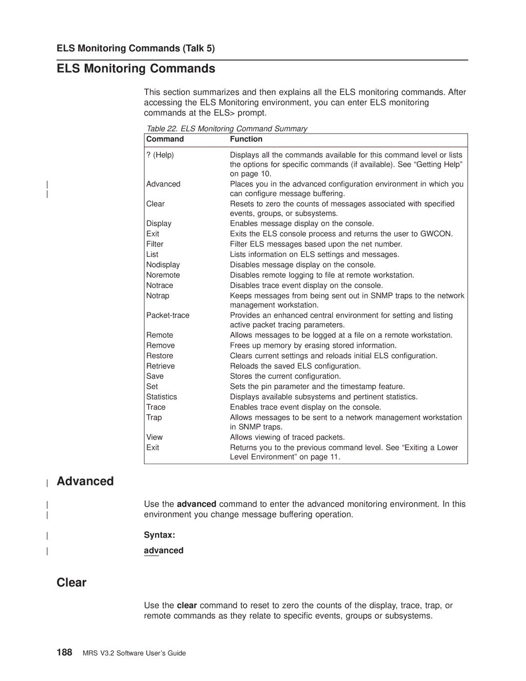 IBM SC30-3681-08 manual Advanced, ELS Monitoring Commands Talk, Environment you change message buffering operation 