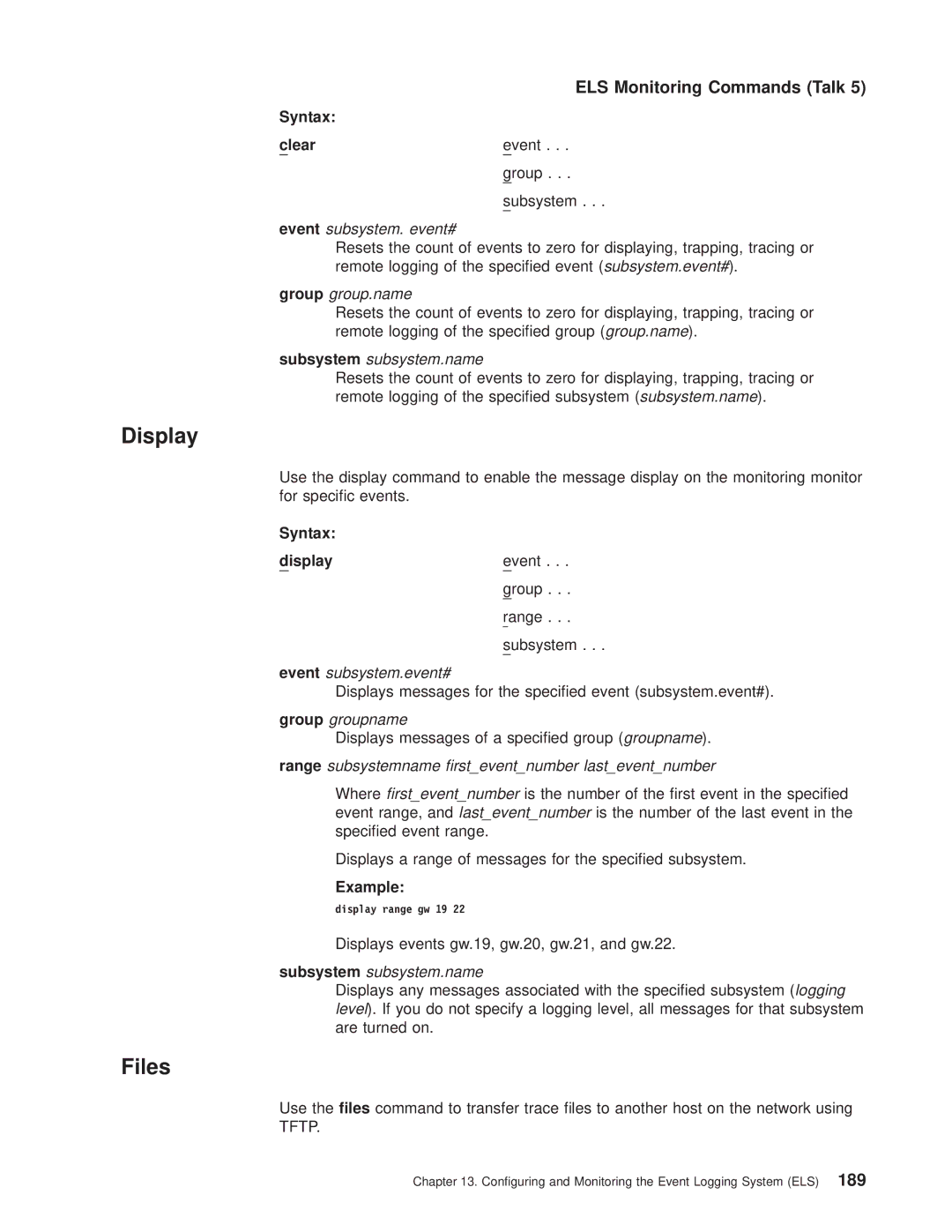 IBM SC30-3681-08 manual Files, Event subsystem. event#, Subsystem subsystem.name, Display range gw 19 