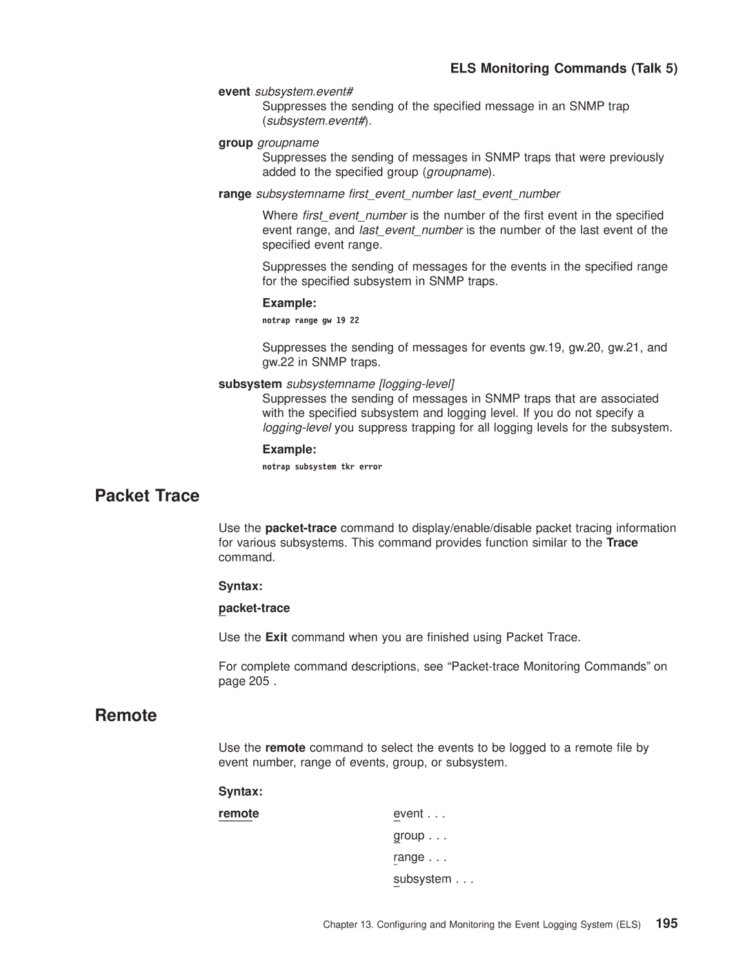 IBM SC30-3681-08 manual Packet Trace, Syntax Packet-trace, Remoteevent Group Range Subsystem, Notrap subsystem tkr error 