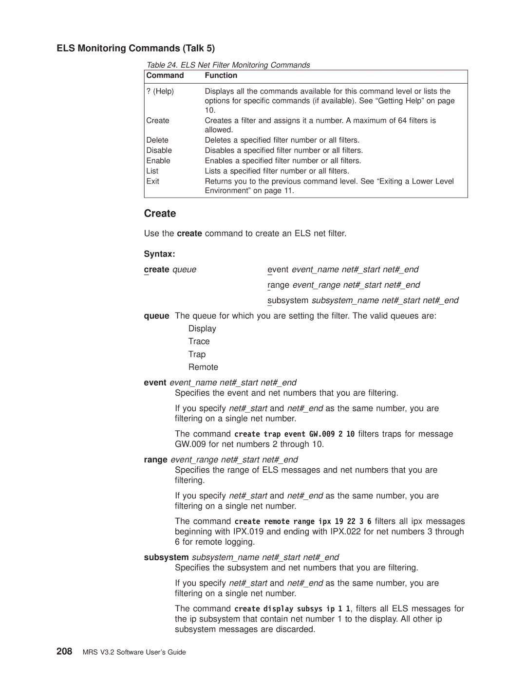 IBM SC30-3681-08 manual Syntax Create queue, ELS Net Filter Monitoring Commands 