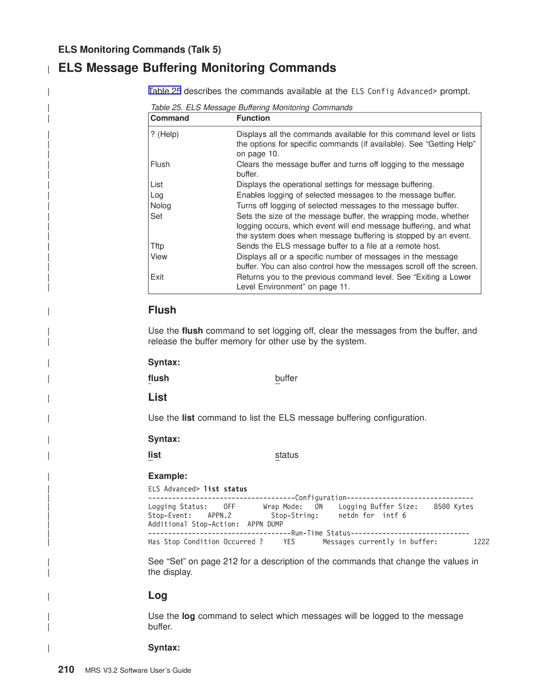 IBM SC30-3681-08 ELS Message Buffering Monitoring Commands, Flush, Release the buffer memory for other use by the system 