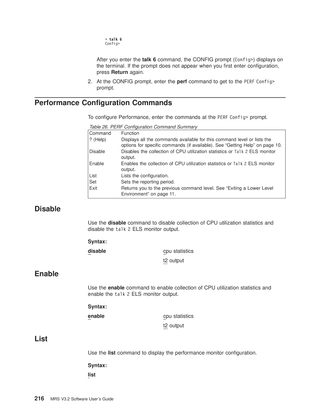 IBM SC30-3681-08 manual Performance Conguration Commands, T2 output, Perf Conguration Command Summary, Cpu statistics 