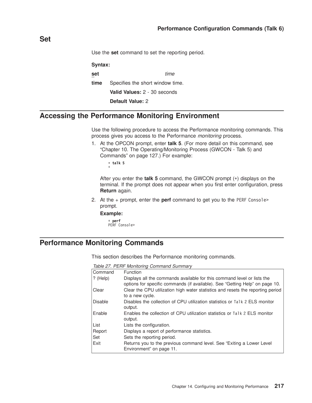 IBM SC30-3681-08 manual Accessing the Performance Monitoring Environment, Performance Monitoring Commands, Settime 