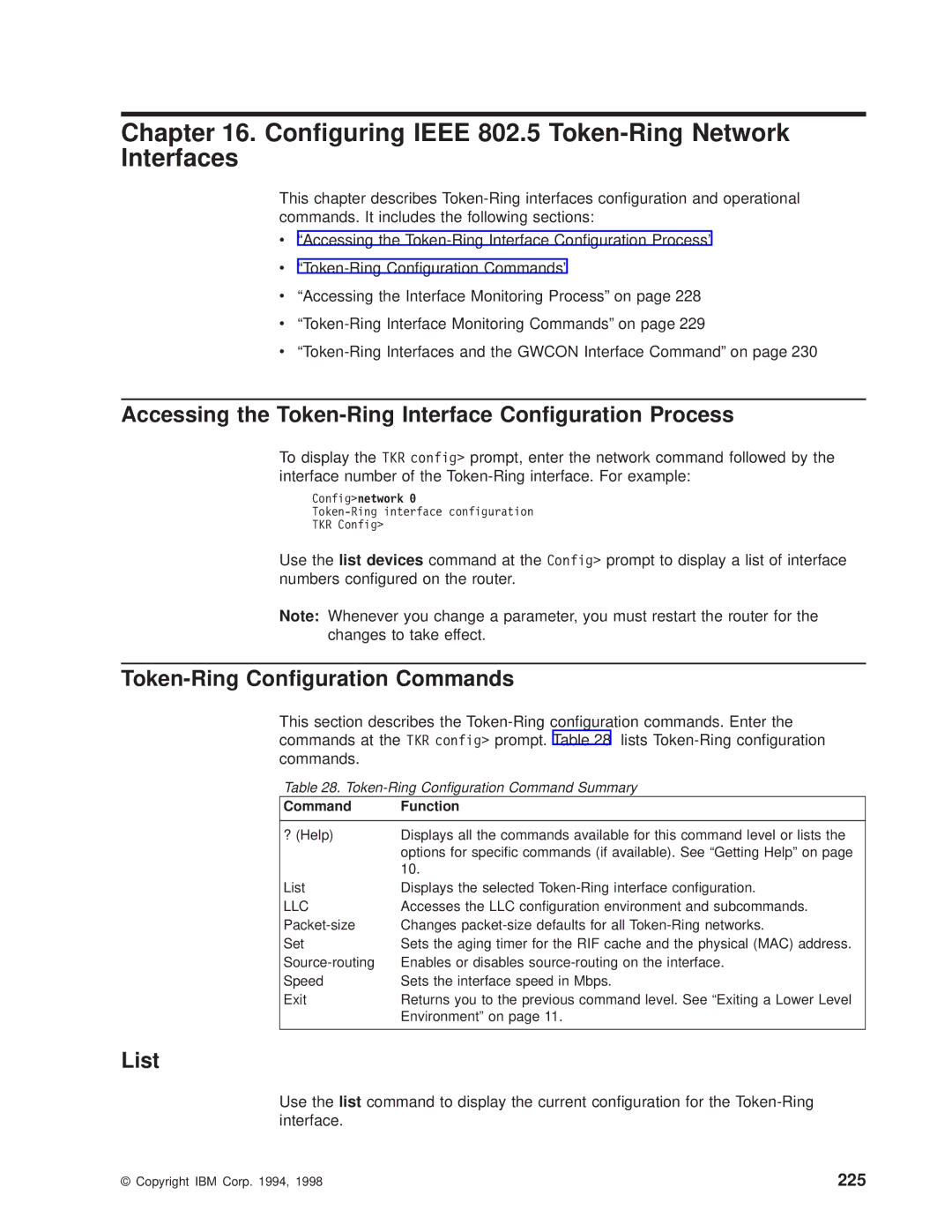 IBM SC30-3681-08 manual Conguring Ieee 802.5 Token-Ring Network Interfaces, Token-Ring Conguration Commands, 225 