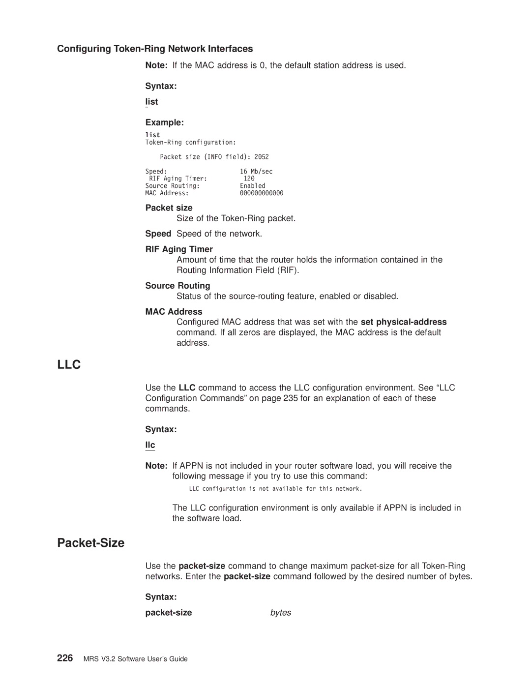 IBM SC30-3681-08 manual Packet-Size, Conguring Token-Ring Network Interfaces 