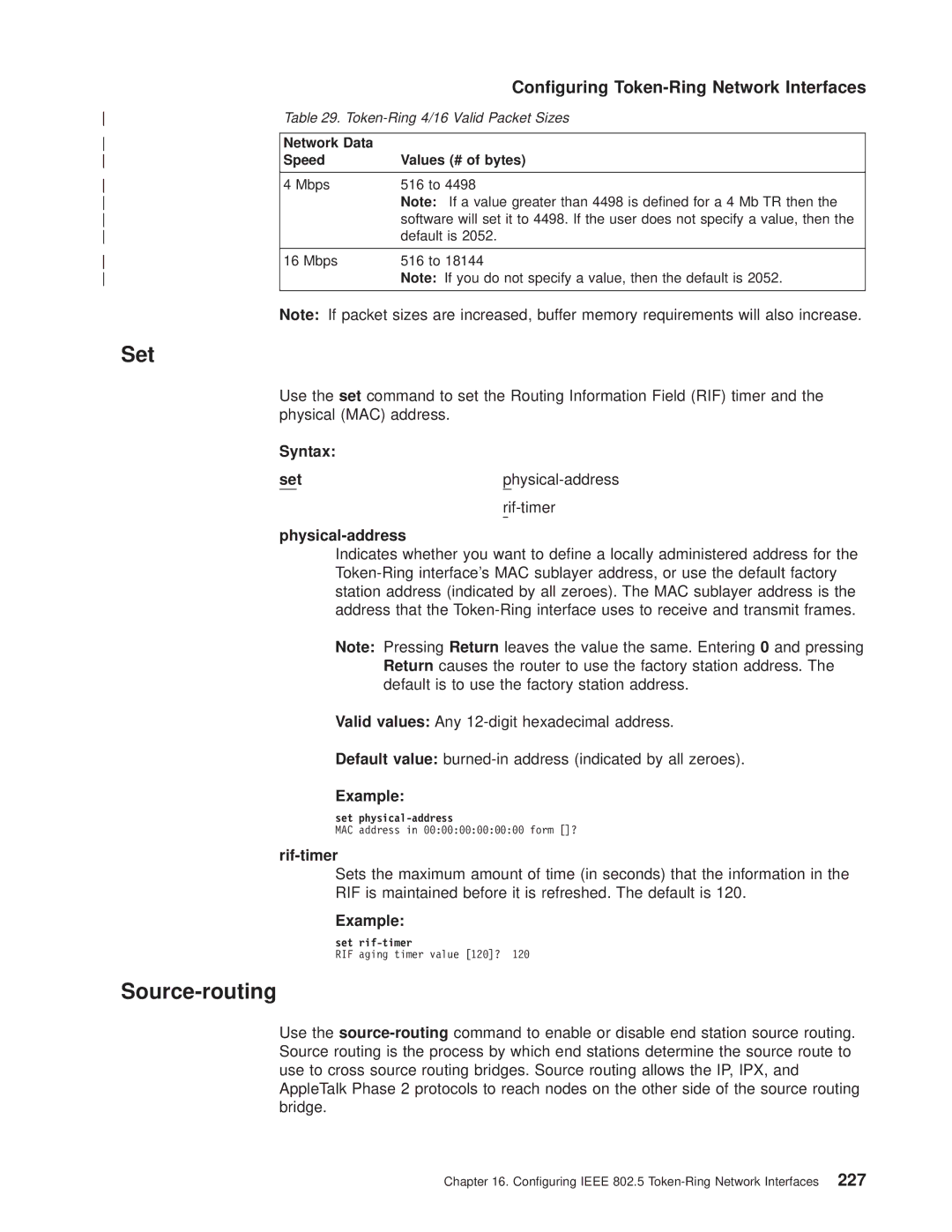 IBM SC30-3681-08 Source-routing, Syntax Set Physical-address Rif-timer, Token-Ring 4/16 Valid Packet Sizes, Set rif-timer 