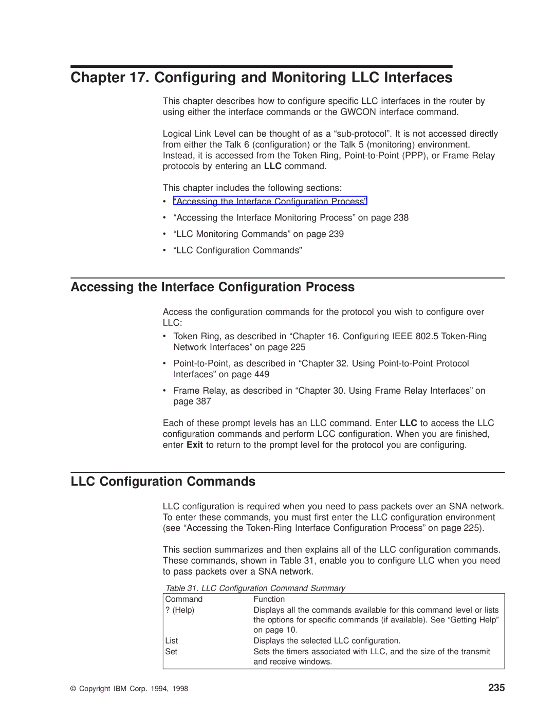 IBM SC30-3681-08 manual Conguring and Monitoring LLC Interfaces, Accessing the Interface Conguration Process, 235 