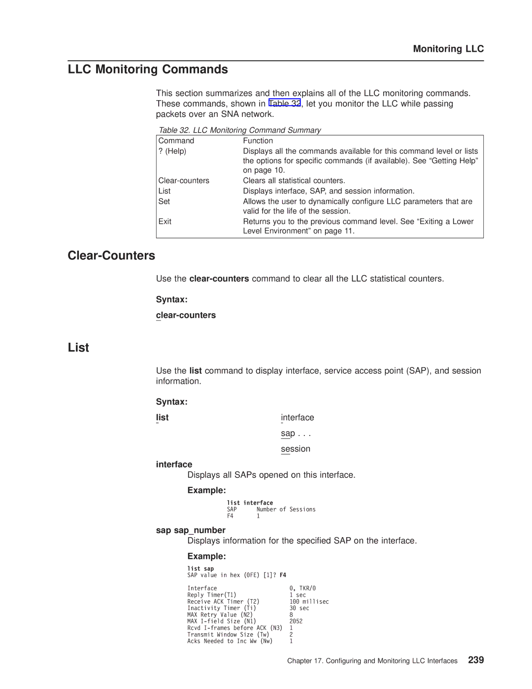 IBM SC30-3681-08 manual LLC Monitoring Commands, Clear-Counters, Monitoring LLC, Syntax Clear-counters, Sap sapnumber 