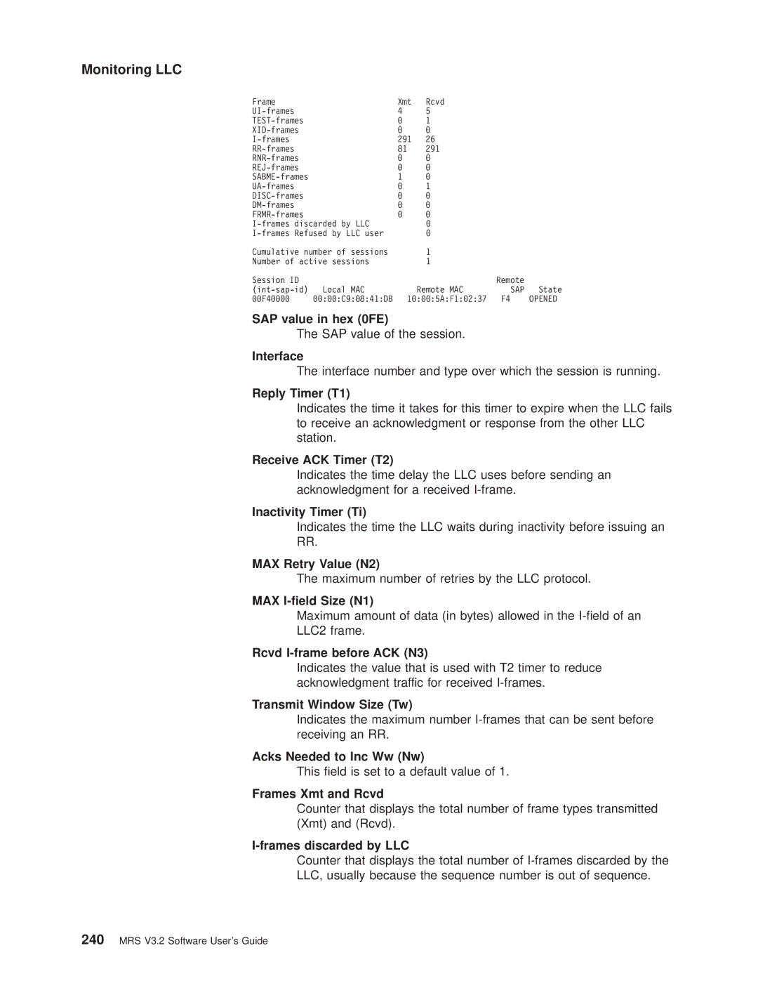 IBM SC30-3681-08 manual SAP value in hex 0FE, MAX I-eld Size N1, Rcvd I-frame before ACK N3, Transmit Window Size Tw 