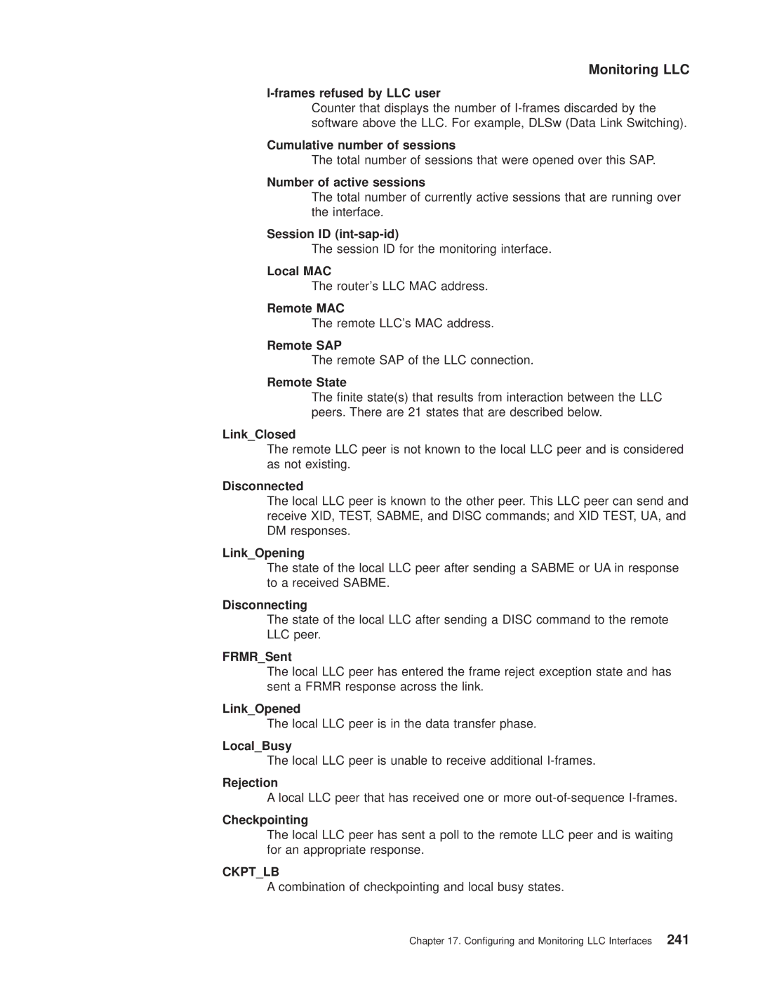 IBM SC30-3681-08 Frames refused by LLC user, Cumulative number of sessions, Number of active sessions, Local MAC, FRMRSent 