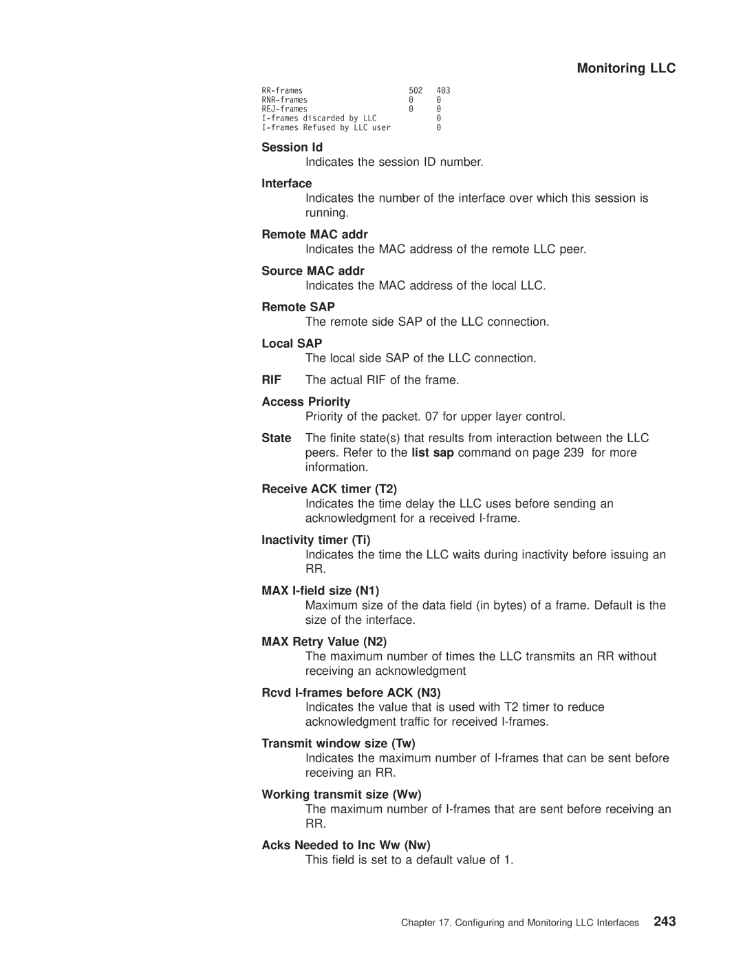 IBM SC30-3681-08 manual Session Id, Remote MAC addr, Source MAC addr, Local SAP, Access Priority, Working transmit size Ww 