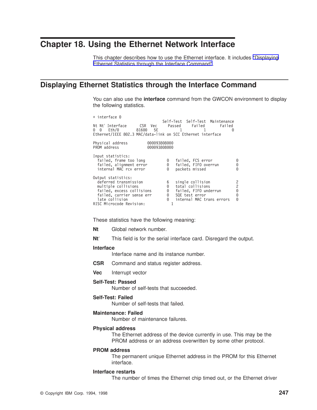 IBM SC30-3681-08 manual Using the Ethernet Network Interface, 247, Number of self-tests that succeeded, Prom address 