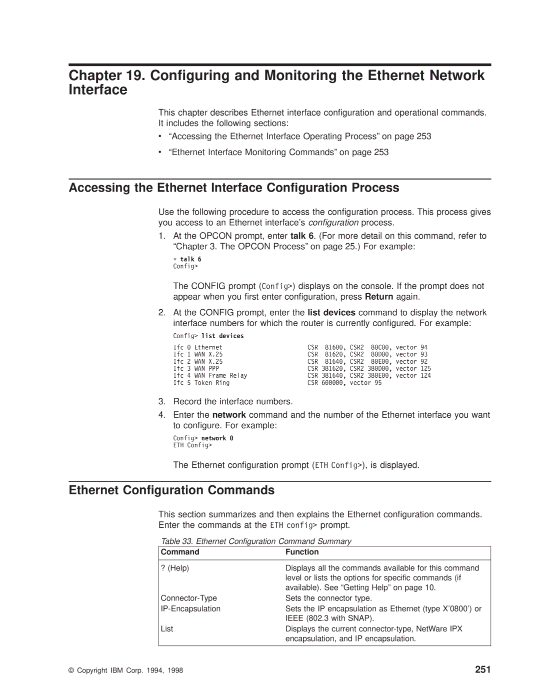 IBM SC30-3681-08 manual Conguring and Monitoring the Ethernet Network Interface, Ethernet Conguration Commands, 251 