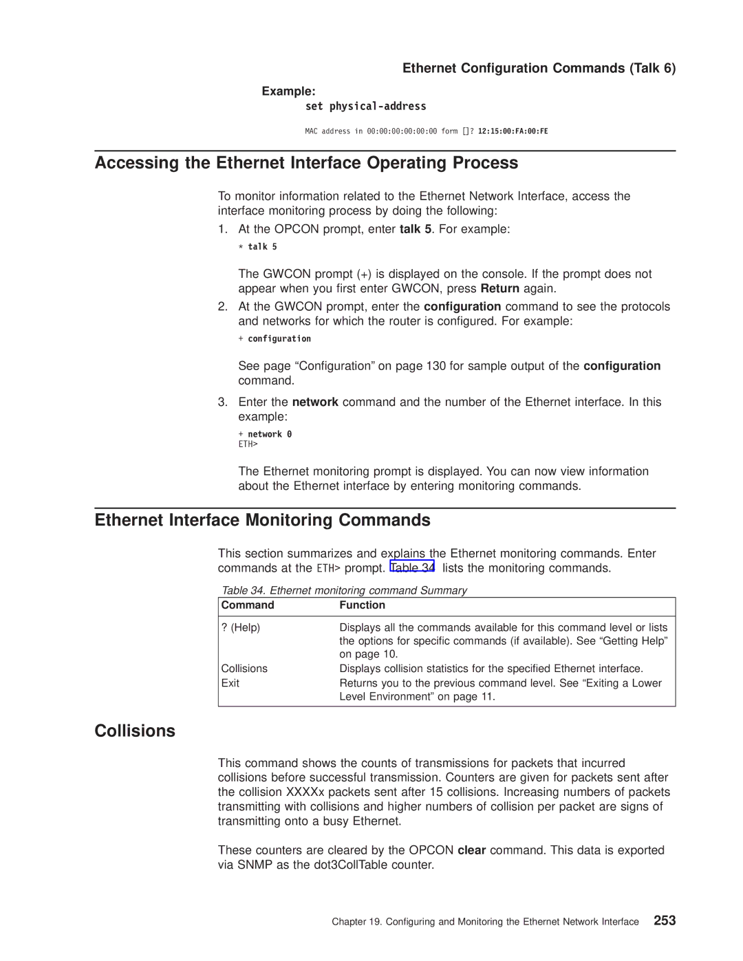 IBM SC30-3681-08 Accessing the Ethernet Interface Operating Process, Ethernet Interface Monitoring Commands, Collisions 