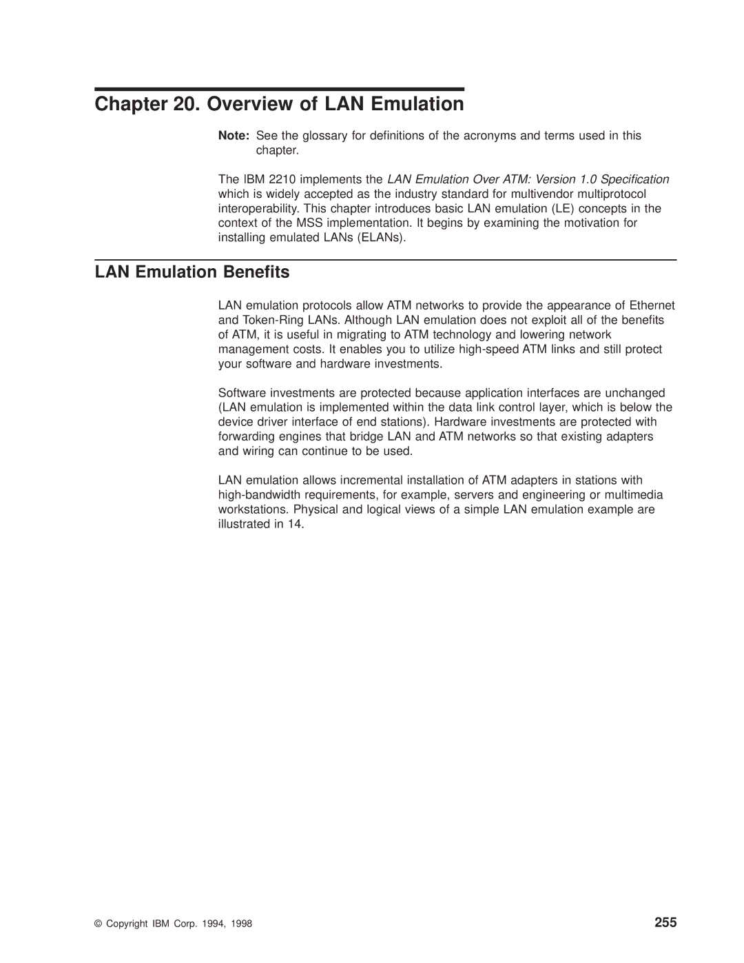 IBM SC30-3681-08 manual Overview of LAN Emulation, LAN Emulation Benets, 255 