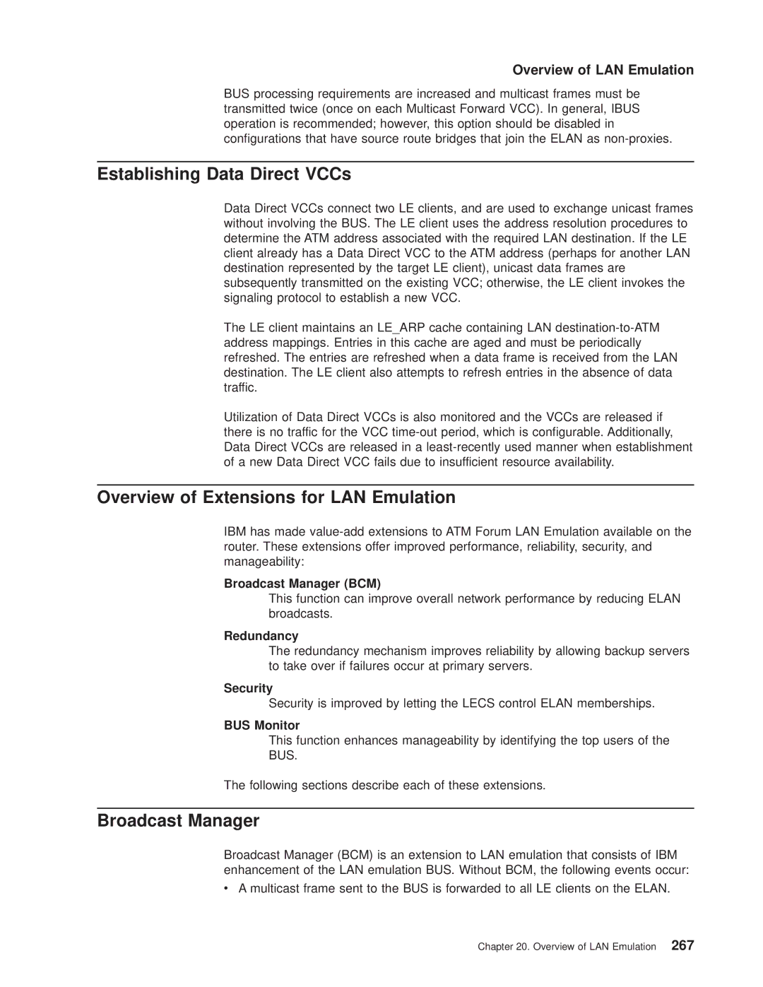 IBM SC30-3681-08 manual Establishing Data Direct VCCs, Overview of Extensions for LAN Emulation, Broadcast Manager 