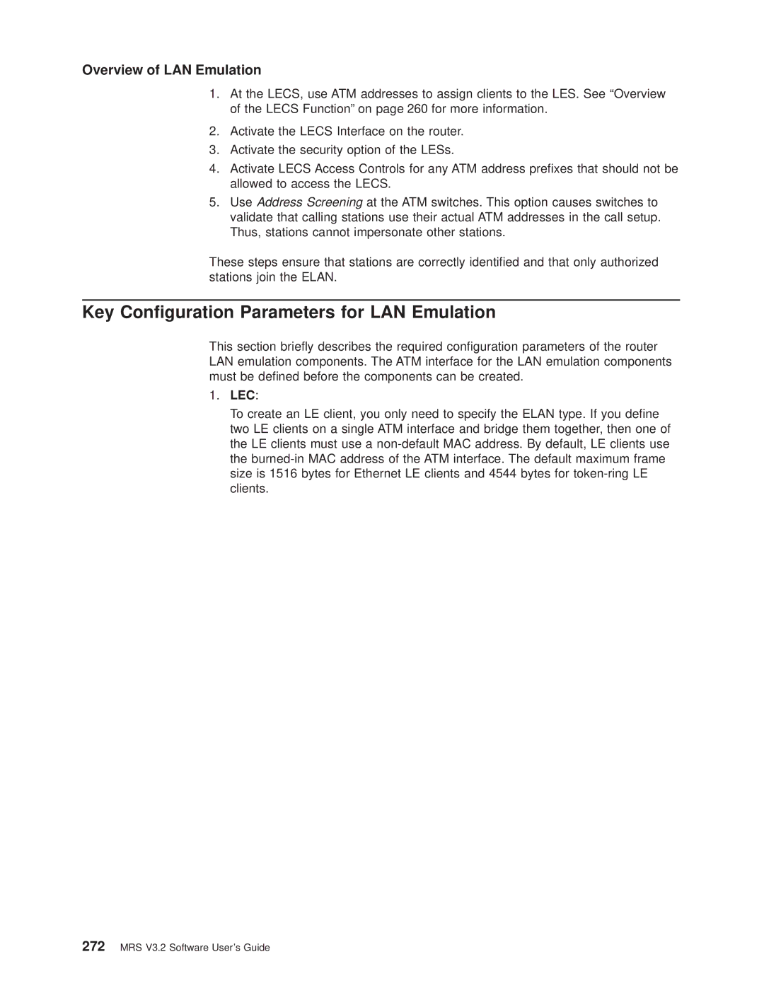 IBM SC30-3681-08 manual Key Conguration Parameters for LAN Emulation, Lec 