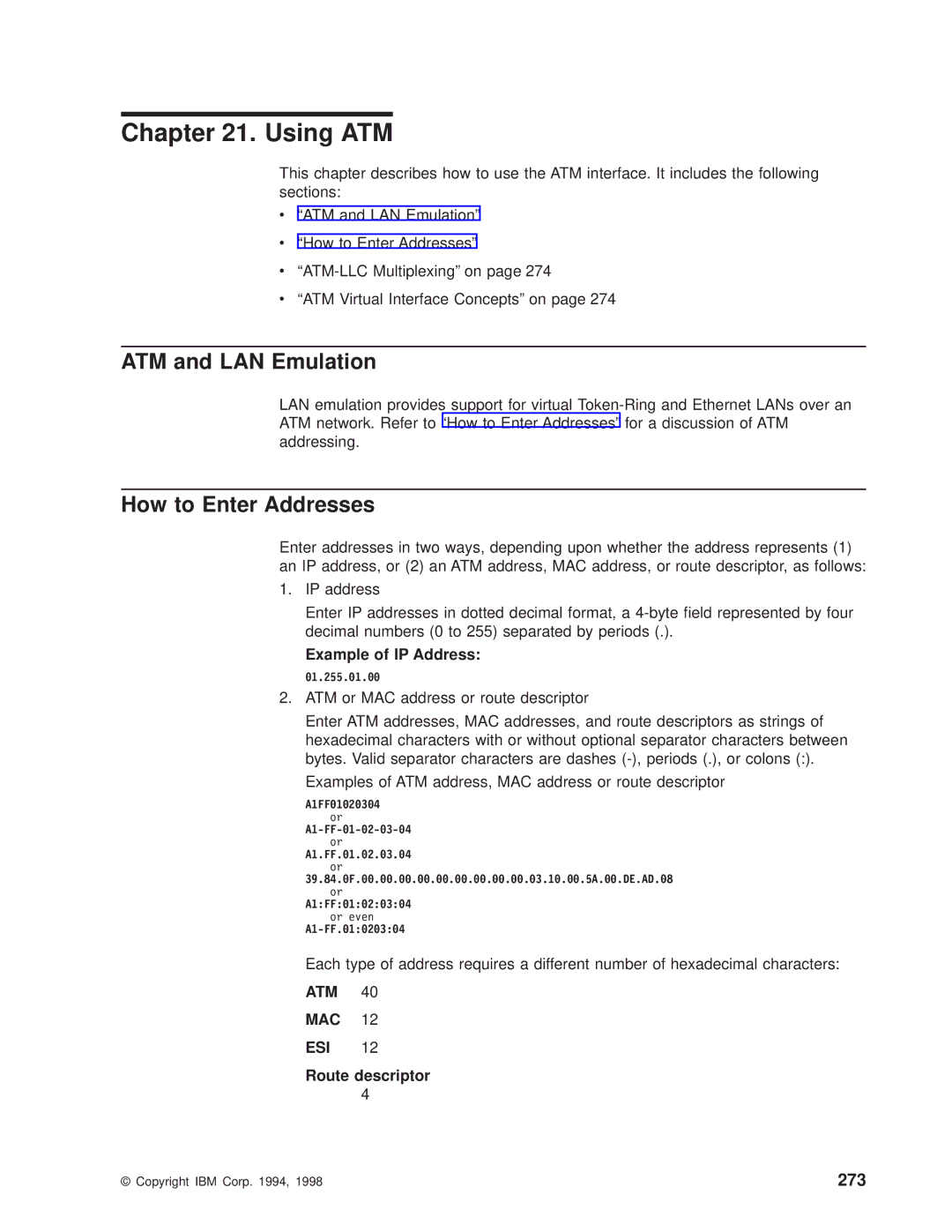 IBM SC30-3681-08 manual Using ATM, ATM and LAN Emulation, How to Enter Addresses, 273 