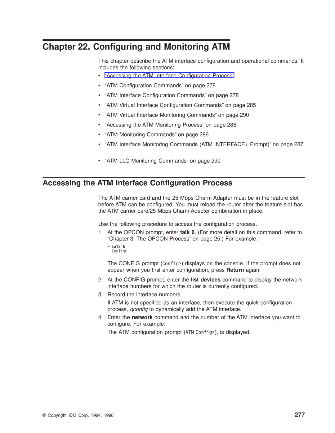 IBM SC30-3681-08 manual Conguring and Monitoring ATM, Accessing the ATM Interface Conguration Process, 277 