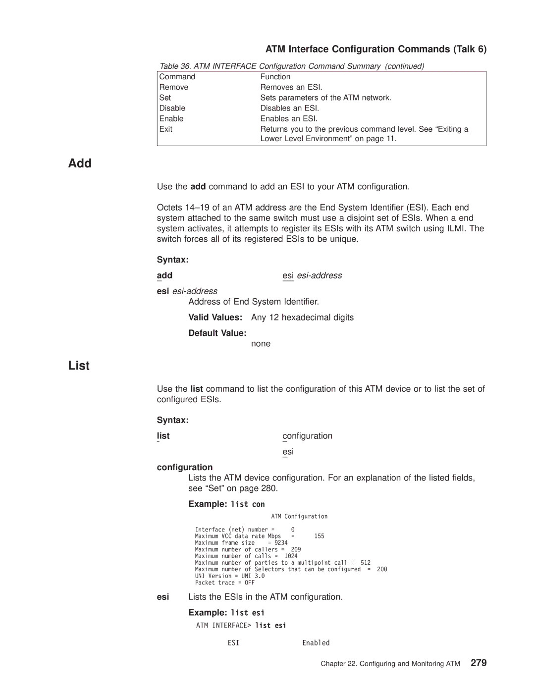 IBM SC30-3681-08 manual Esi esi-address, Syntax List Conguration Esi, Example list con, Example list esi 