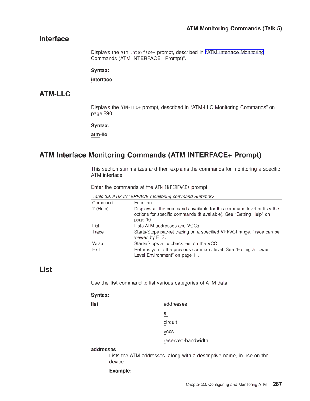 IBM SC30-3681-08 ATM Interface Monitoring Commands ATM INTERFACE+ Prompt, ATM Monitoring Commands Talk, Syntax Atm-llc 