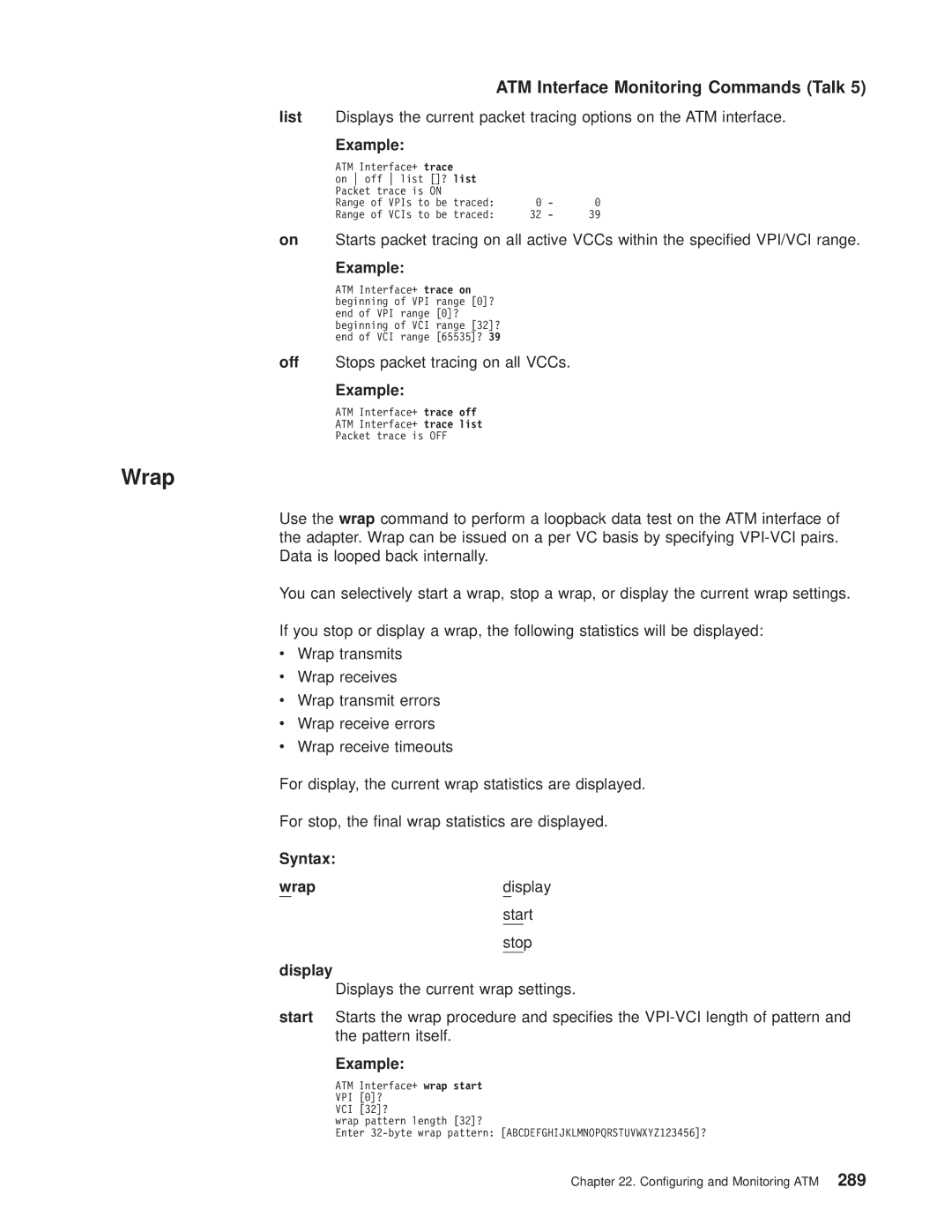 IBM SC30-3681-08 manual Off Stops packet tracing on all VCCs, Syntax Wrap, Start 