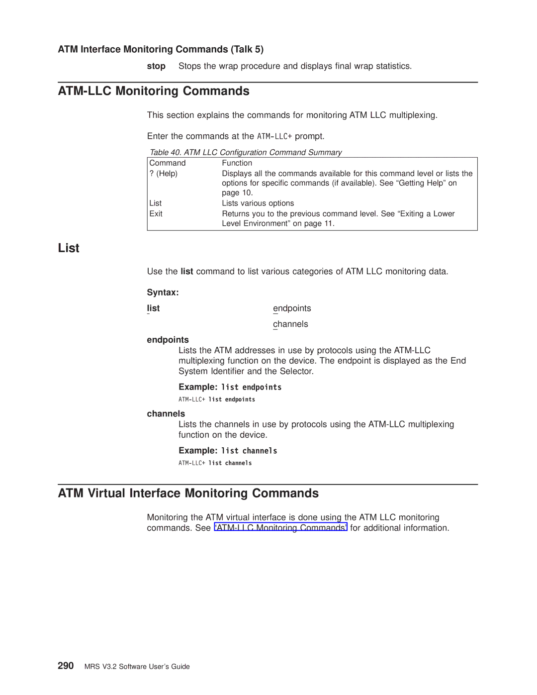 IBM SC30-3681-08 ATM-LLC Monitoring Commands, ATM Virtual Interface Monitoring Commands, Syntax List Endpoints Channels 