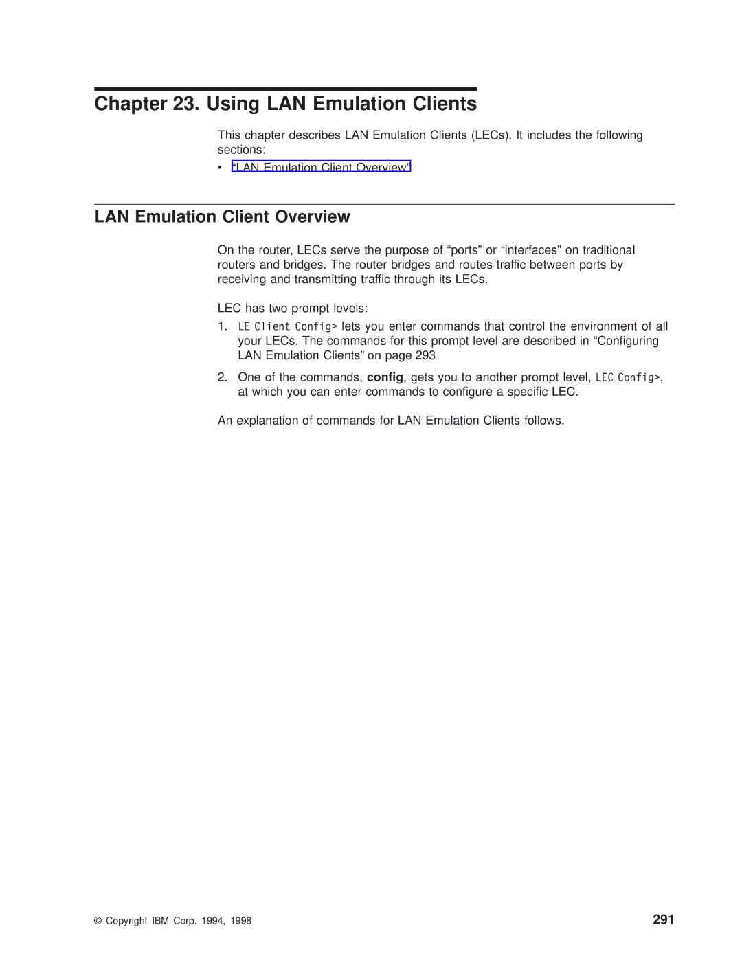 IBM SC30-3681-08 manual Using LAN Emulation Clients, LAN Emulation Client Overview, 291 