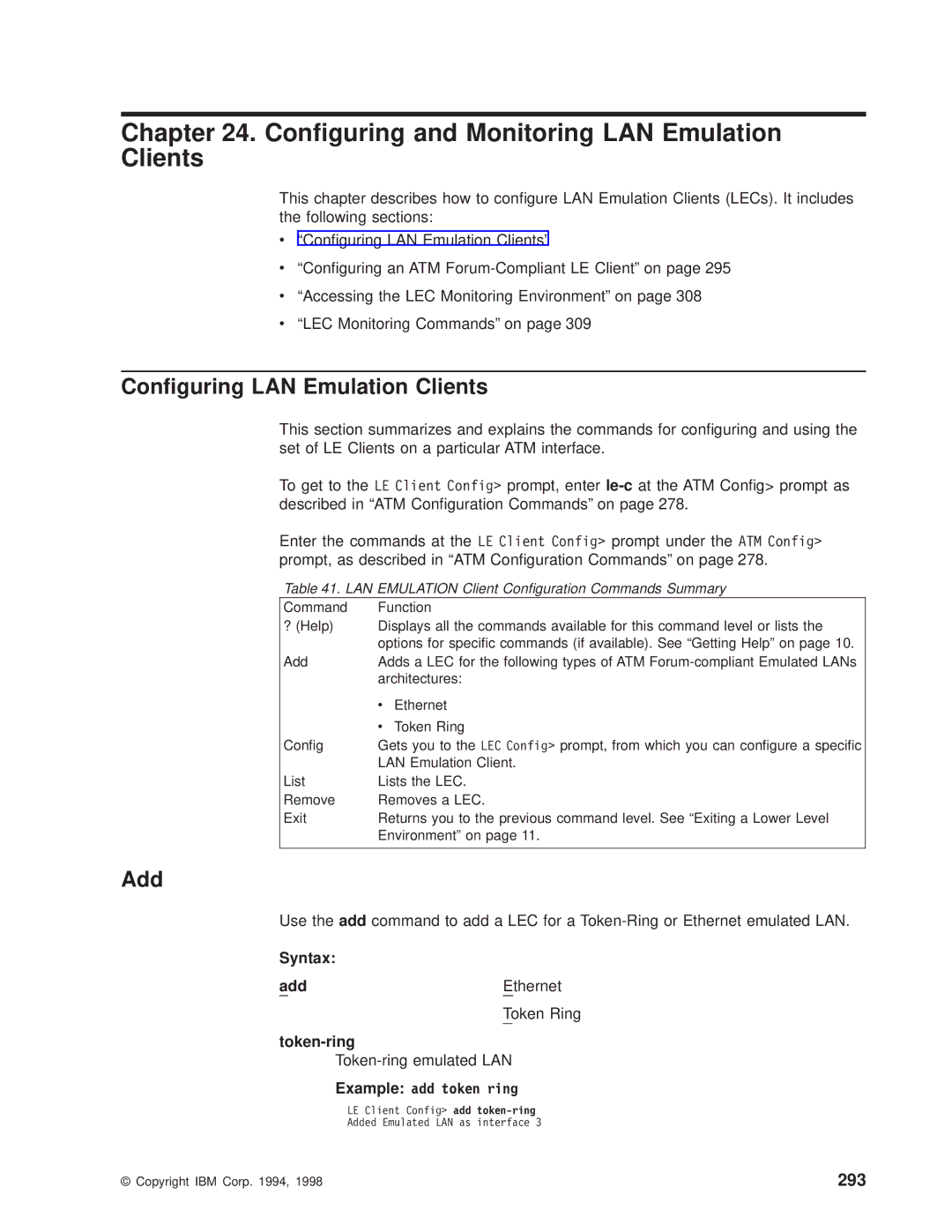 IBM SC30-3681-08 manual Conguring and Monitoring LAN Emulation Clients, Conguring LAN Emulation Clients, 293 