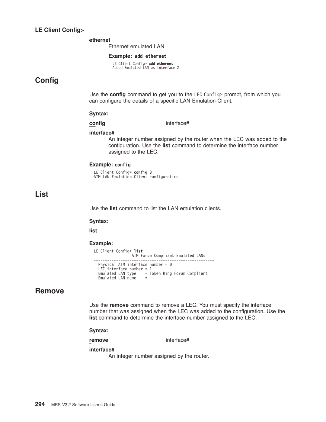 IBM SC30-3681-08 manual LE Client Cong, Syntax Cong Interface#, Example config 