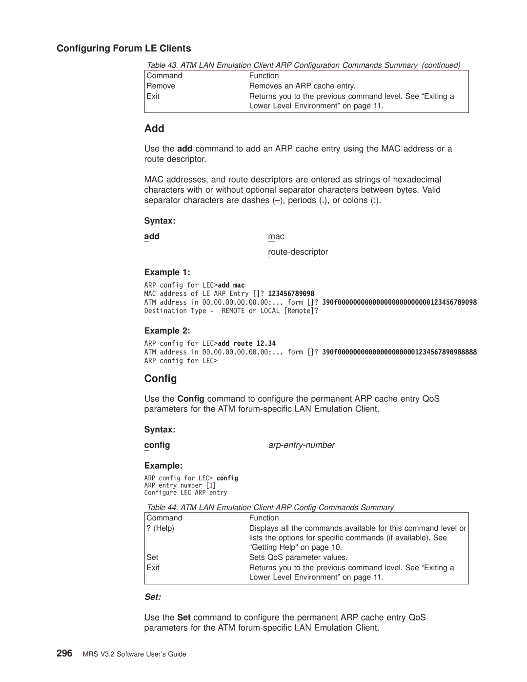 IBM SC30-3681-08 manual Addmac route-descriptor, Syntax Cong, ATM LAN Emulation Client ARP Cong Commands Summary 